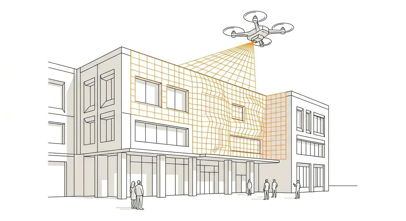 Drone che effettua rilievo 3D su edificio