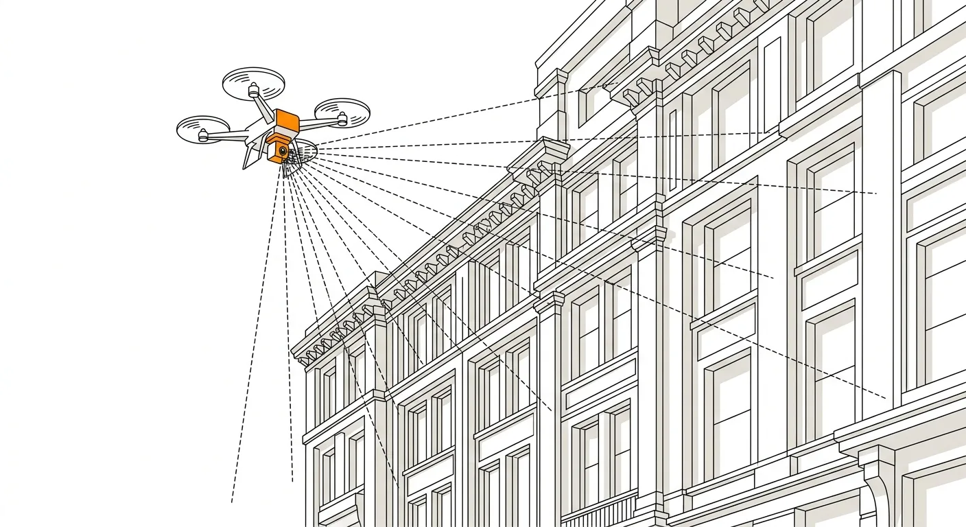 Drone in volo che scansiona una facciata